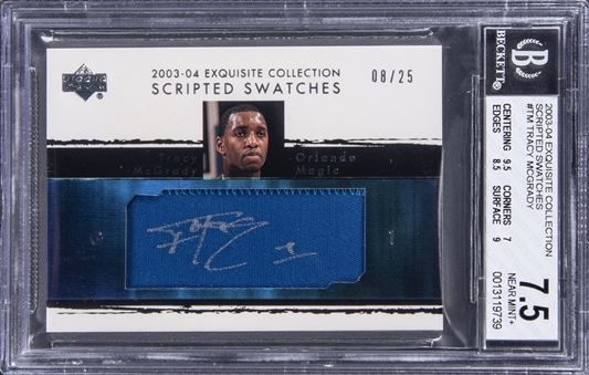 2003-04 UD "Exquisite Collection" Scripted Swatches #TM Tracy McGrady Signed Patch Card (#08/25) - BGS NM+ 7.5/BGS 10